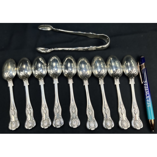 529 - Nine Kings pattern hallmarked silver teaspoons and tongs, 12.2ozt