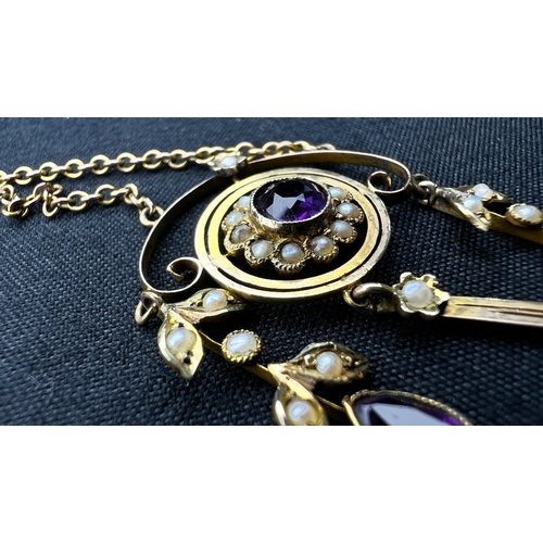 548 - An Art Nouveau pendant set with amethyst and seed pearls, stamped 9c on fine chain (pendant approx. ... 