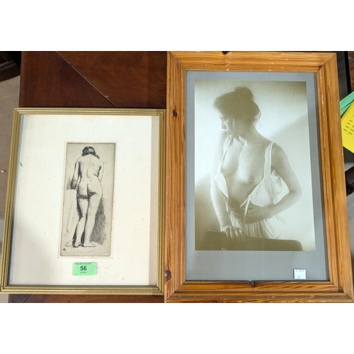 56 - A 19th century pencil signed nude etching of a female from behind, C. Smith and a black and white bo... 