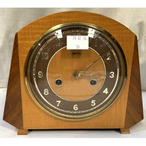 59 - A Smiths, two tone, pale wood, Art Deco Mantel clock.