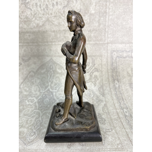 6 - 19th Century bronze sculpture of a Naval midshipman throwing canon ball, height 21cm, on marble plin... 