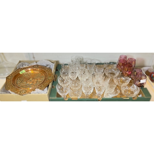 60 - A 19th century shallow copper dish embossed hunting scene of two dogs octagonal border with dragons ... 