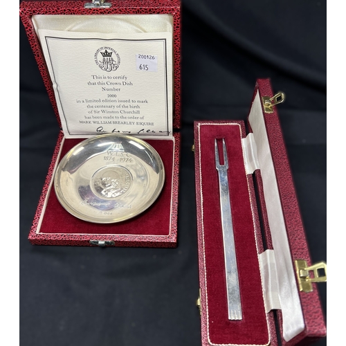615 - A boxed hallmarked silver Churchill dish, Limited Edition, a boxed commemorative Silver Jubilee pick... 