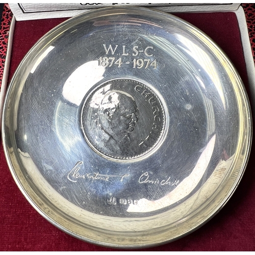 615 - A boxed hallmarked silver Churchill dish, Limited Edition, a boxed commemorative Silver Jubilee pick... 