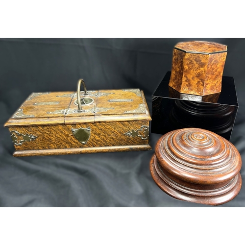 65 - A Victorian oak humidor / smoking companion, space for cigars, cigarettes, matches etc and two other... 