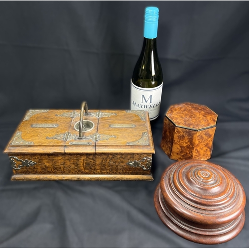 65 - A Victorian oak humidor / smoking companion, space for cigars, cigarettes, matches etc and two other... 