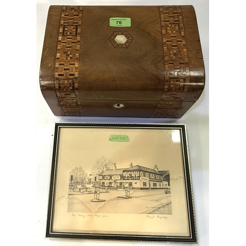76 - A Tunbridge and walnut jewellery box with fitted interior; a print of the rising sun, Hazel Grove ar... 