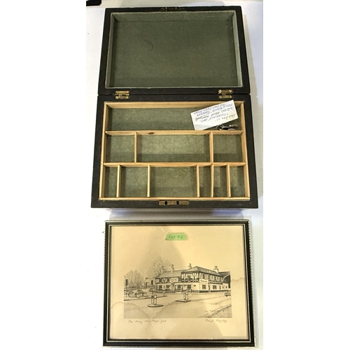 76 - A Tunbridge and walnut jewellery box with fitted interior; a print of the rising sun, Hazel Grove ar... 