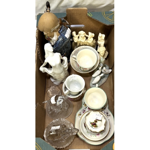 78 - A Chinese figure of a Sage with a small child; glass animal figures, Nao ducks and similar figures.