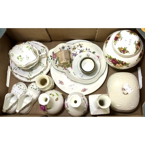 79 - A collection of Trish Donegal china trinketware; Royal Albert lidded vase, breakfast sets etc.