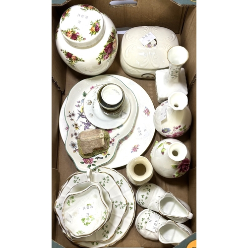 79 - A collection of Trish Donegal china trinketware; Royal Albert lidded vase, breakfast sets etc.