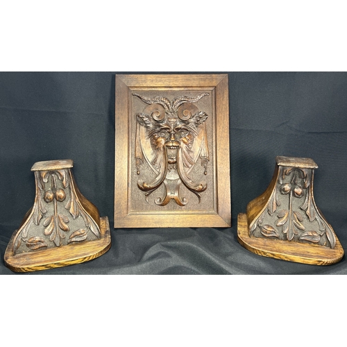 82 - A late 19th / early 20th century Italian carved wooden panel of a goat headed creature, bearing Flor... 