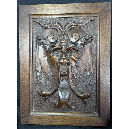 82 - A late 19th / early 20th century Italian carved wooden panel of a goat headed creature, bearing Flor... 