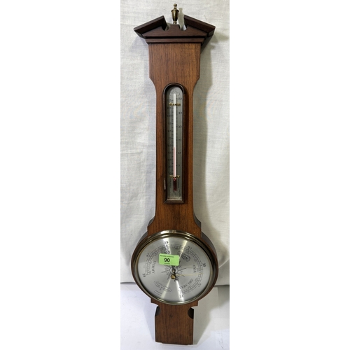 90 - A 19th century brass mantle clock; a wall hanging barometer/thermometer; a cased pair of binoculars.