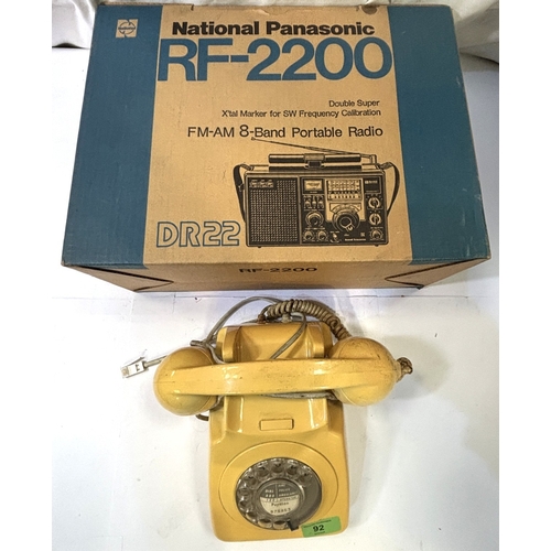 92 - A vintage 1970's ivory coloured telephone; a vintage Panasonic radio in original box.