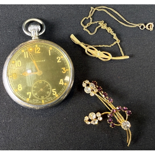 619 - A Leonidas military pocket watch, broad arrow to the back and 2 pieces of costume jewellery