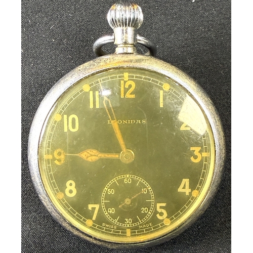 619 - A Leonidas military pocket watch, broad arrow to the back and 2 pieces of costume jewellery