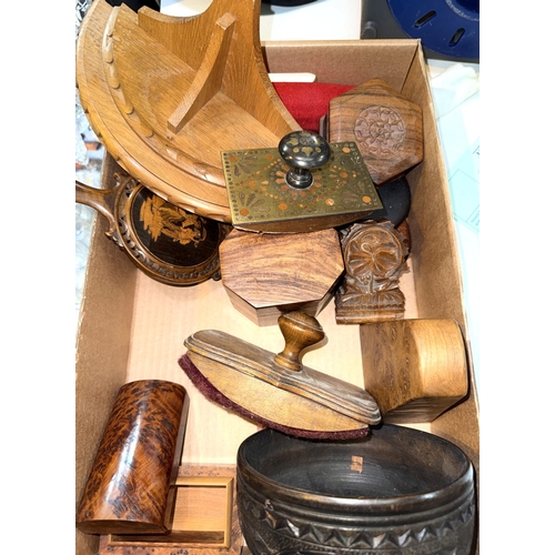 83 - A 19th century inlaid hand mirror decorated with a dancing couple, other hand mirrors, carved wood i... 