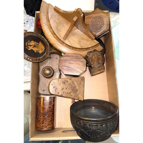 83 - A 19th century inlaid hand mirror decorated with a dancing couple, other hand mirrors, carved wood i... 