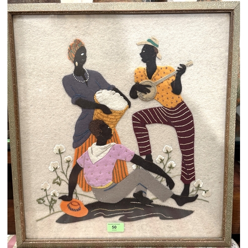50 - American history Interest - Cotton Pickers playing banjo, raised felt, framed and glazed