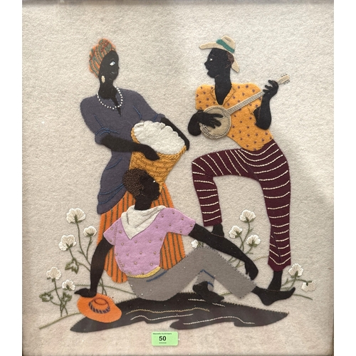 50 - American history Interest - Cotton Pickers playing banjo, raised felt, framed and glazed