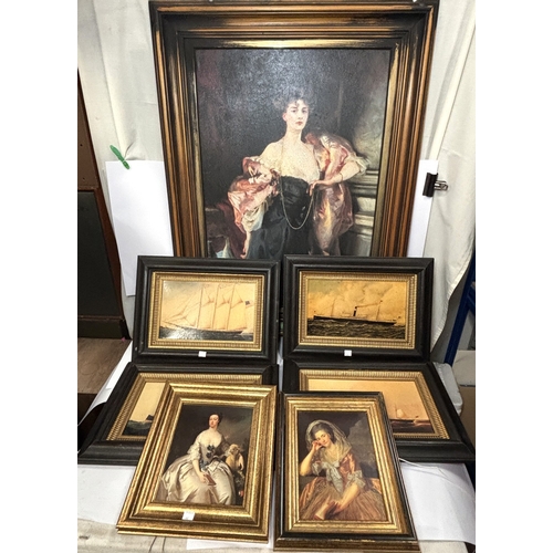 66 - A modern textured print portrait of a woman, prints of ships etc