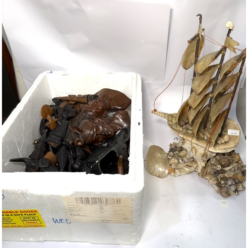 54B - A ship made of shells, carved African and other items etc