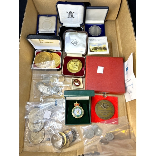 624 - A selection of commemorative and other medallions; pre decimal currency etc. including Manchester Sh... 