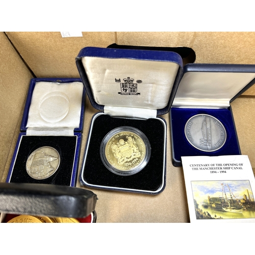 624 - A selection of commemorative and other medallions; pre decimal currency etc. including Manchester Sh... 