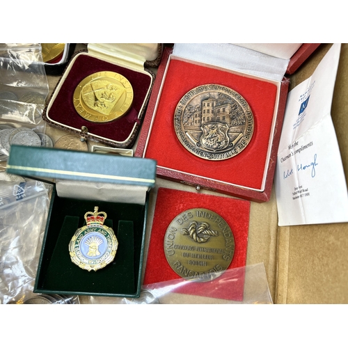 624 - A selection of commemorative and other medallions; pre decimal currency etc. including Manchester Sh... 