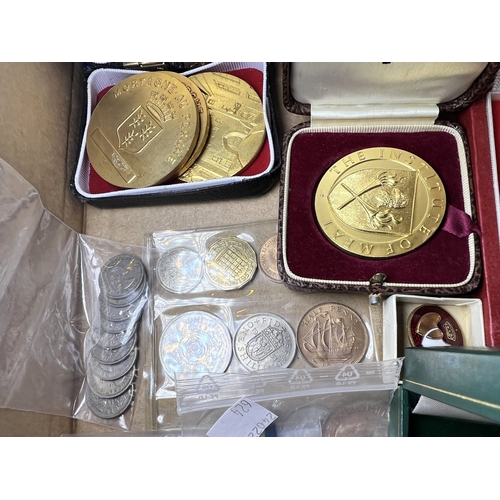 624 - A selection of commemorative and other medallions; pre decimal currency etc. including Manchester Sh... 