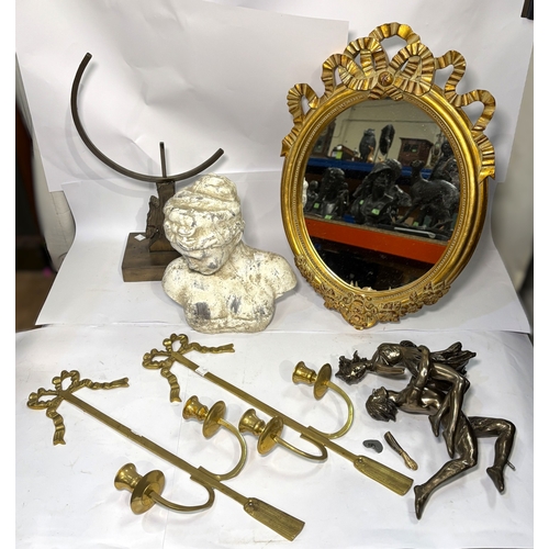69 - A gilt swag framed oval mirror and two pairs of brass swag wall sconces, plaster column and bust.