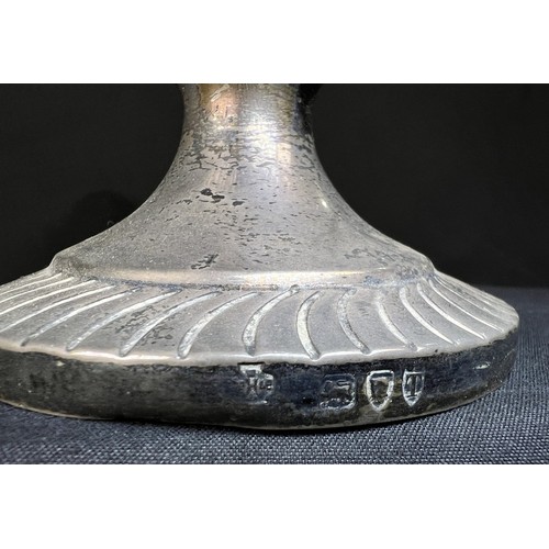 616C - A hallmarked silver oil lamp with gadrooned lower body and pedestal  base, London 1894, Weighted bas... 