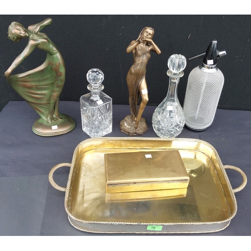70 - A silver plated gallery tray with rope twist handles and surround, bronze effect figures, decanters ... 