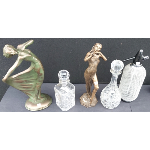 70 - A silver plated gallery tray with rope twist handles and surround, bronze effect figures, decanters ... 