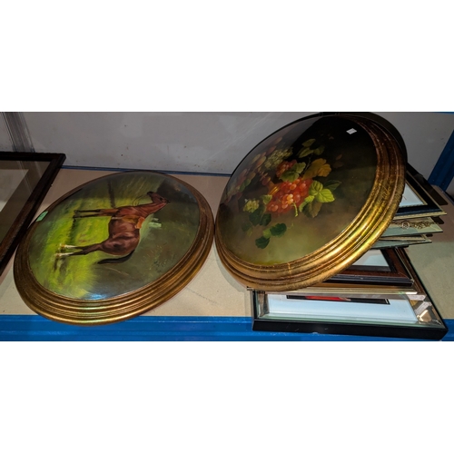 72 - A painting of a horse on domed wood and a selection of similar pictures etc.