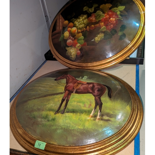 72 - A painting of a horse on domed wood and a selection of similar pictures etc.