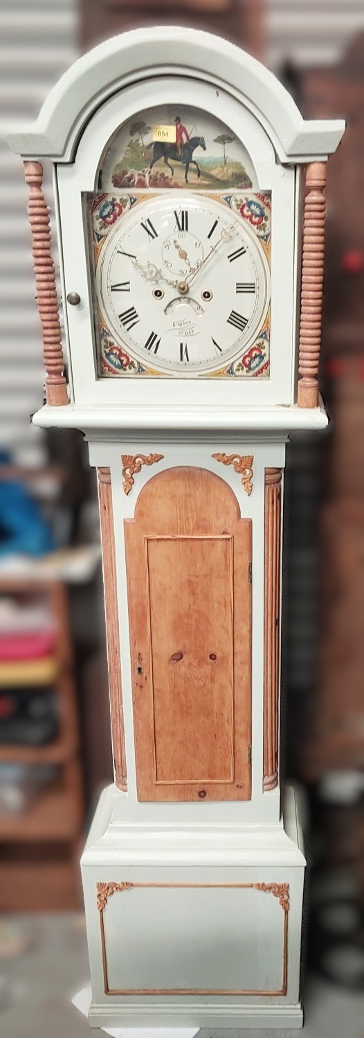 An 8 day long case clock, twin fusee mechanism and dial painted with ...