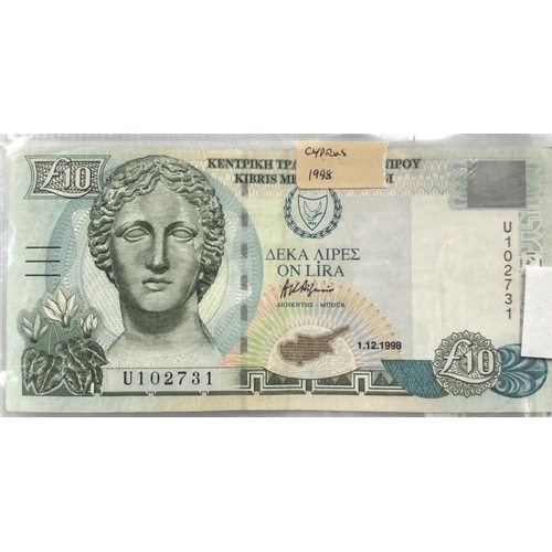 Bank notes including Cyprus £10 1998, Greek and others GB silver and ...