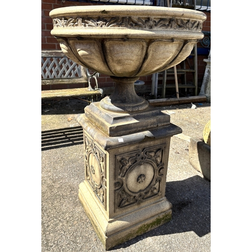 1 - A large circular ceramic garden urn on matching pedestal decorated base, overall jheight 92cm, diame... 