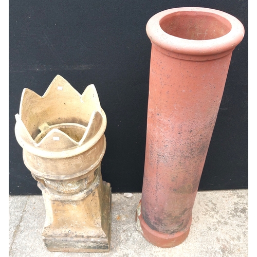 10B - An architectural salvage terracotta canon chimney pot height 120cm and king top chimney pot height 9... 