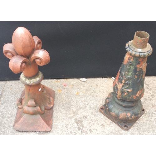 14A - Terracotta fleur de Lys roof finial and a Victorian cast iron lamp post base