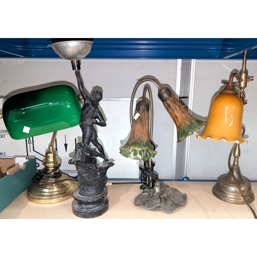 23A - A brass desk lamp with green shade and three other lamps
