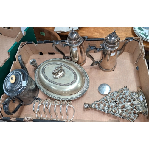 32D - A silver plated chocolate pot, another similar, other silver plated items.