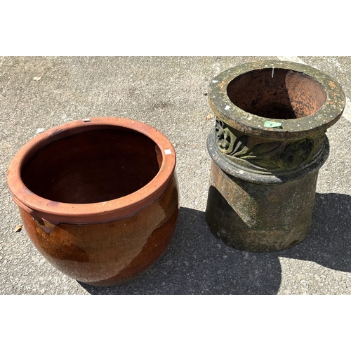 8 - A terracotta chimney; a large glazed terracotta bowl.