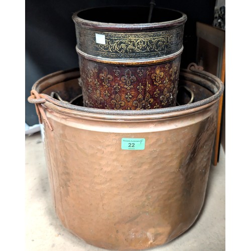 22 - A large copper coal bucket, 40cm diameter, lacquer waste basket, other brass and copper.