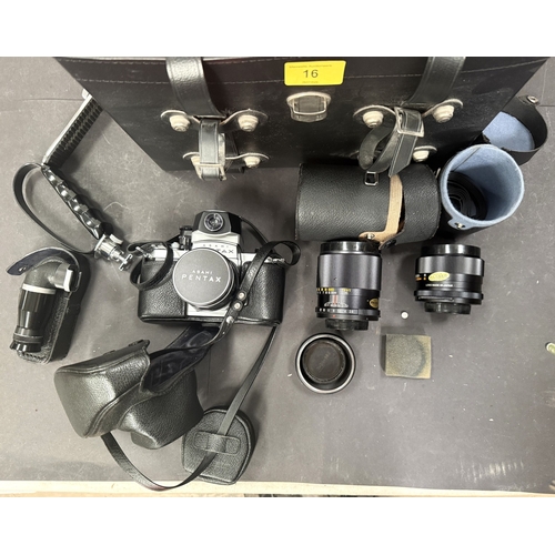 16 - Camera equipment, Pentax Asahi with lenses meter accessories in case etc