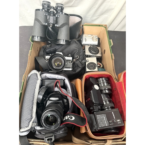 19 - A selection of vintage cameras inc. a Praktica, Canon 450D, A303 Fujifilm Camera, lenses and attachm... 