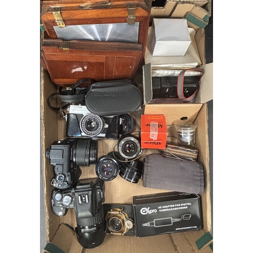 8 - Camera equipment: Olympus E.500, another Olympus, a part for a 19th century plate camera, other came... 