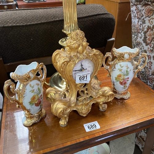 691 - Gilted Clock & 2 Small Vases